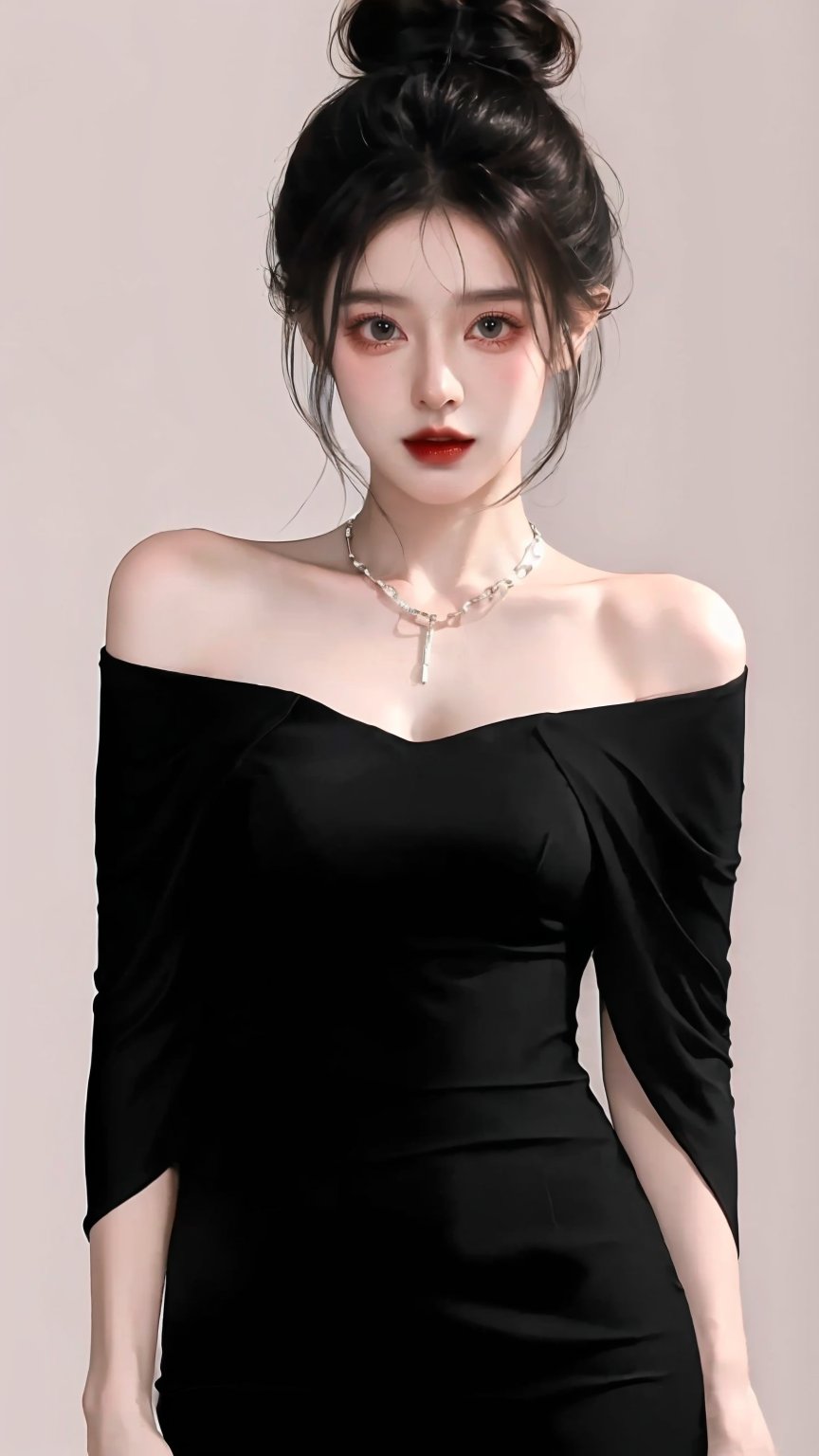 1girl, solo, looking at viewer, simple cinematic background, black hair, (cowboy shot:1.2), hair bang, black pencil mini dress, front open, breast, small breast, clevage, deep clevage, necklace, jewelry, single hair bun, red lips, animification, off shoulder, bedroom background