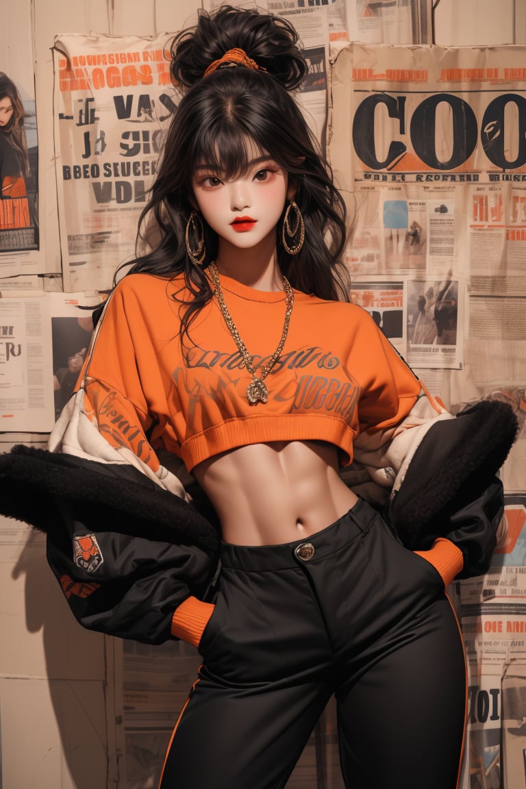  A beautiful teen girl with a skinny figure, she is wearing a black tol and orange long designed fur coat and designed cotton pants, fashion style clothing. Her toned body suggests her great strength. The girl is dancing hip-hop and doing all kinds of cool moves.,Sohwa,medium shot