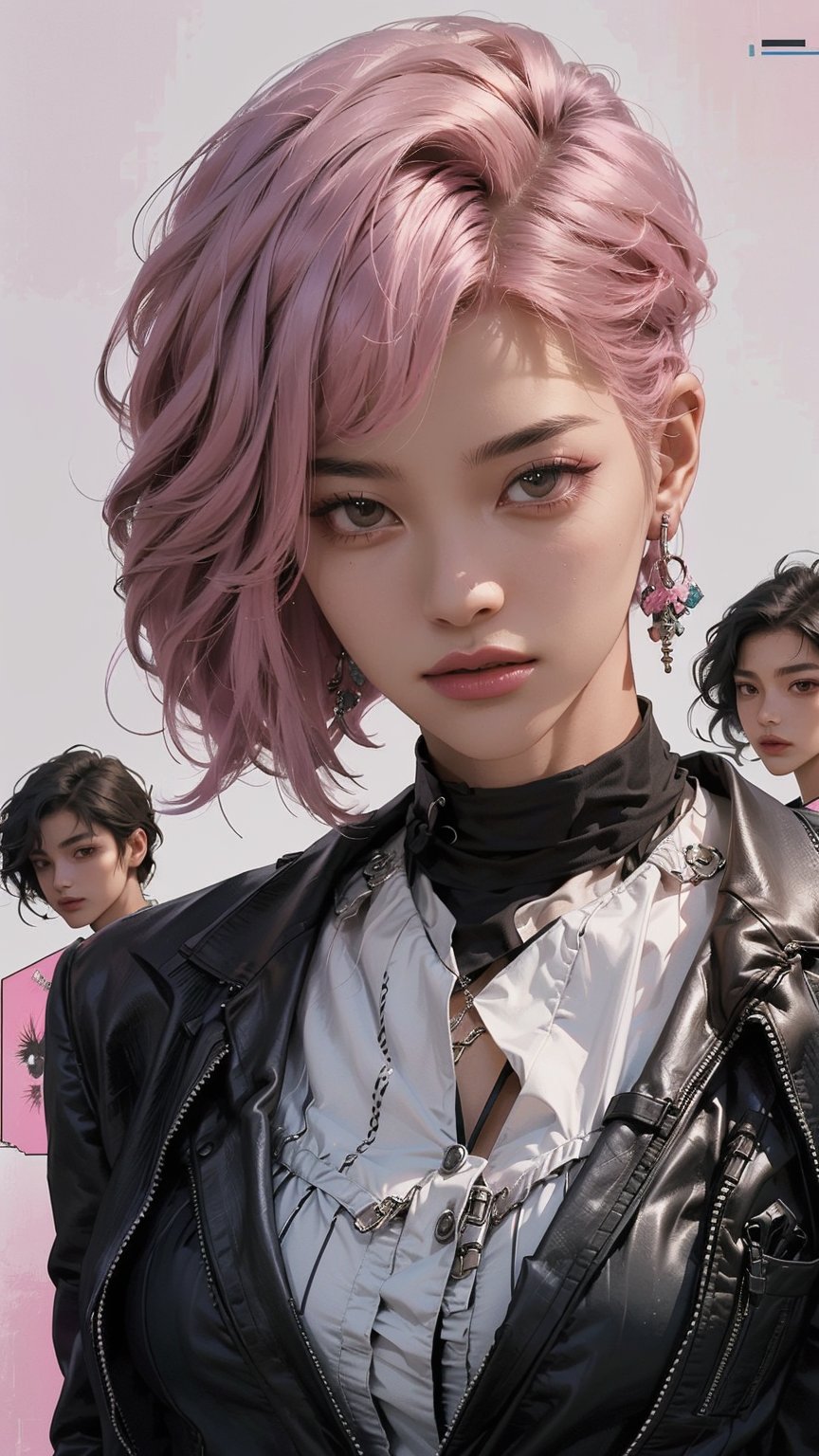 A striking magazine cover features Kizi, a stylish androgynous model with trendy clothing and a bold, pink-toned haircut. The subject is set against a columnar patchwork background with geometric pattern stitching, creating a visually appealing contrast. Kizi's face is meticulously rendered, showcasing detailed eyes, lips, and facial features. The overall composition is brilliant, drawing the viewer's attention to the confident and charismatic model.