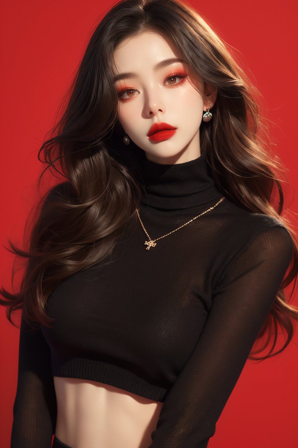 1girl, solo, white background, long hair, looking at viewer, brown hair, sweater, jewelry, closed mouth, black sweater, high neck, midriff, earrings, chunky knit sweater, necklace, lips, , head tilt, dark sunglass, makeup, formal, lipstick, red background, red lips, (brilliant composition),upper_body