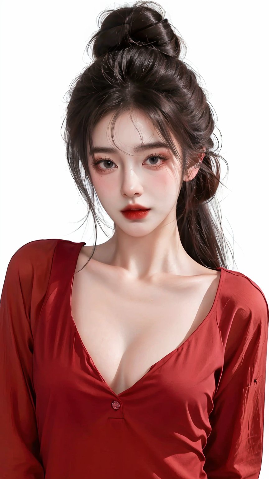 1girl, solo, looking at viewer, dark cinematic background, black hair, white background, cowboy shot, hair bang, red shirt, front open, breast, small breast, clevage, deep clevage, single hair bun, red lips, animification, open shirt, dark theme