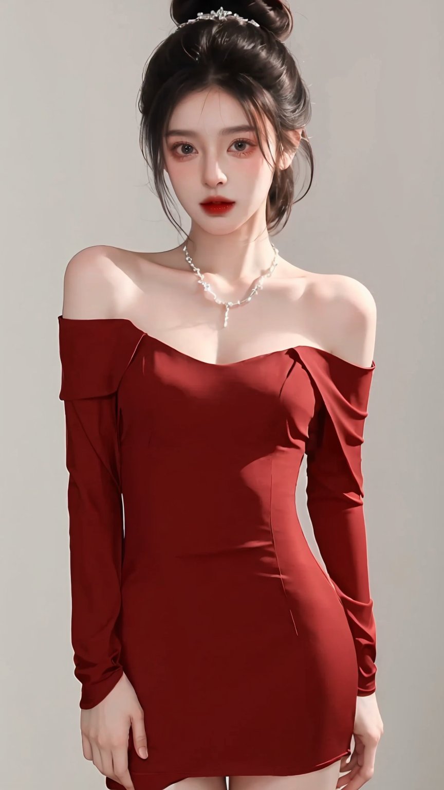 1girl, solo, looking at viewer, simple cinematic background, black hair, (cowboy shot:1.2), hair bang, black pencil mini dress, front open, breast, small breast, clevage, deep clevage, necklace, jewelry, single hair bun, red lips, animification, off shoulder, bedroom background