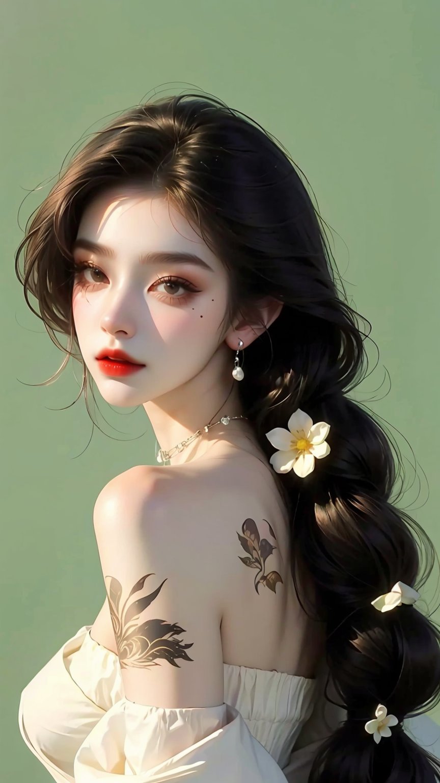 1girl, solo, long hair, looking at viewer, simple background, black hair, bare shoulders, jewelry, closed mouth, jacket, upper body, braid, hair ornaments, flower, flower hair, earrings, choker, artist name, necklace, off shoulder, twin braids, lips, head tilt, strapless, tattoo, black choker, dark sunglass, hair over shoulder,indoor, photo background blurry background, red lips, cowboy_shot