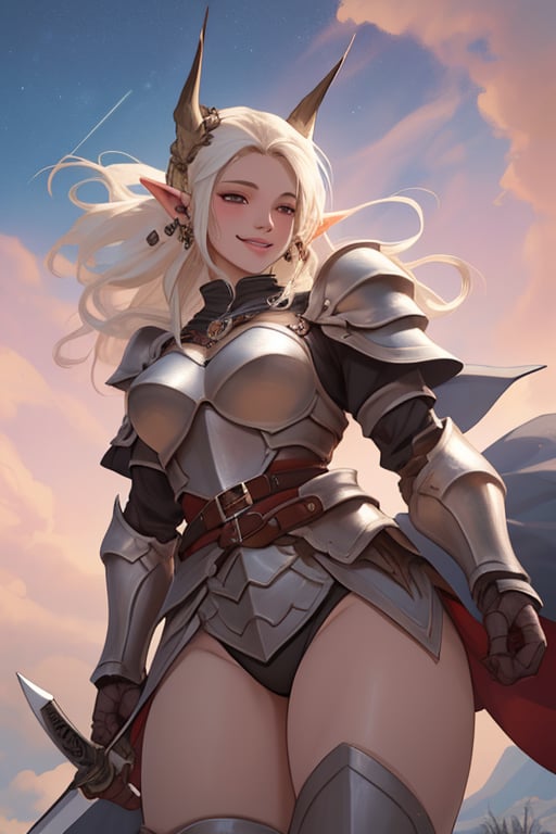 girl, armor, armored, big thighs, big_thighs, thicc thighs, medieval, sword, happy face, beautiful face, make up, piercings, elf ears, beautiful cenario, lights, daggers, beautiful sky, wind, detailed hair