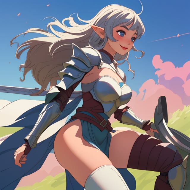 girl, armor, armored, big thighs, big_thighs, thicc thighs, medieval, sword, happy face, beautiful face, make up, piercings, elf ears, beautiful cenario, lights, daggers, beautiful sky, wind, detailed hair