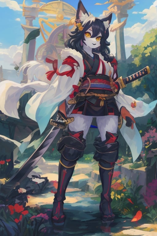 girl, furry, katana, beautiful sky