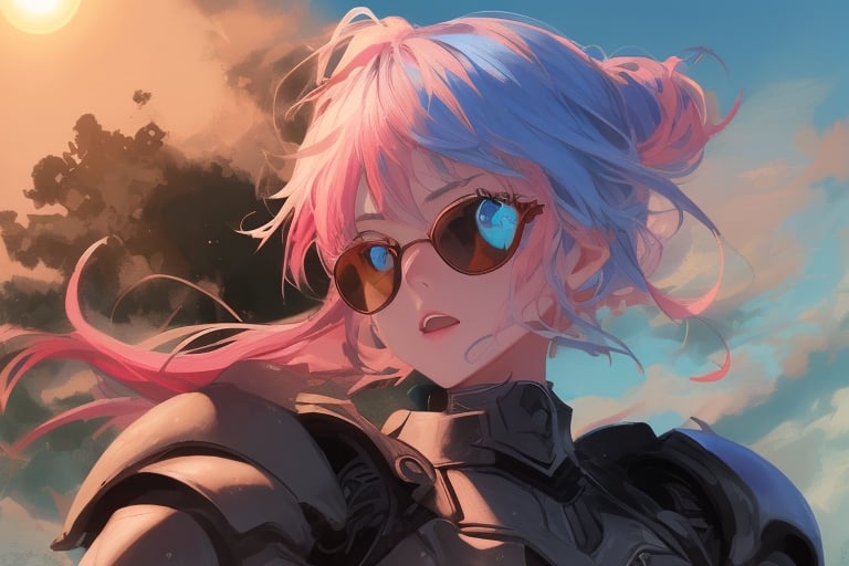 girl, blue and pink hair, shades, blue eye and red eye, armoured, beautiful sky, beautiful sun, heterocromy, red fades