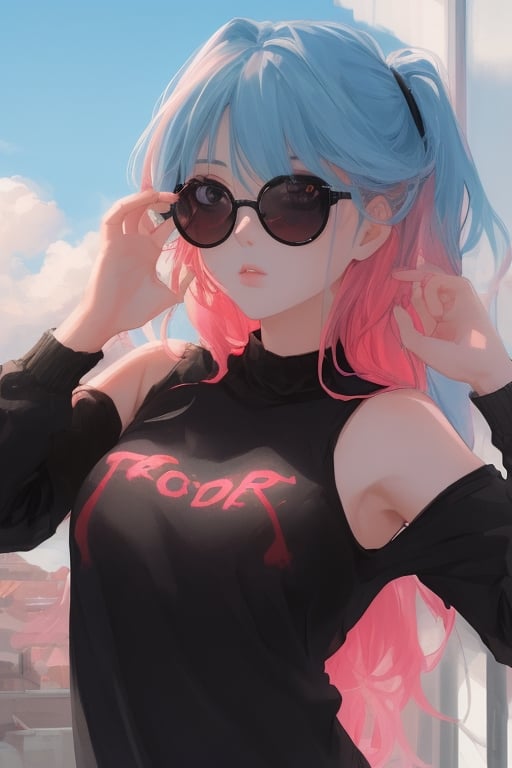 girl, blue and pink hair, shades, blue eye and red eye heterocromy, beautiful sky, red fades