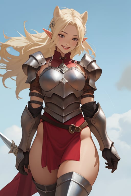 girl, armor, armored, big thighs, big_thighs, thicc thighs, medieval, sword, happy face, beautiful face, make up, piercings, elf ears, beautiful cenario, lights, daggers, beautiful sky, wind, detailed hair