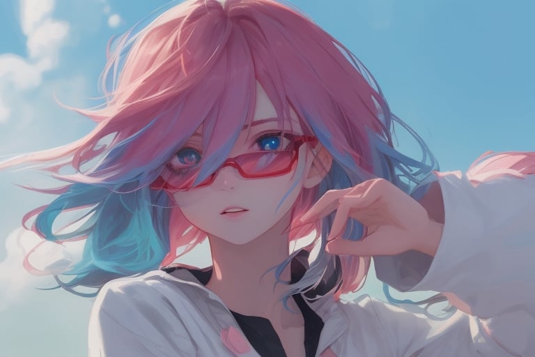 girl, blue and pink hair, shades, blue eye and red eye heterocromy, beautiful sky, red fades