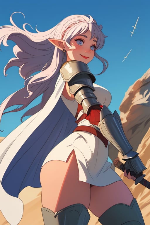 girl, armor, armored, big thighs, big_thighs, thicc thighs, medieval, sword, happy face, beautiful face, make up, piercings, elf ears, beautiful cenario, lights, daggers, beautiful sky, wind, detailed hair