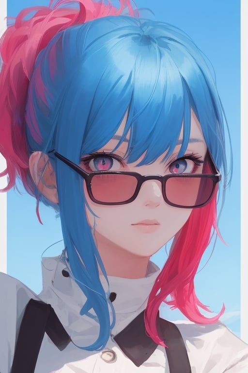 girl, blue and pink hair, shades, blue eye and red eye heterocromy, beautiful sky, red fades