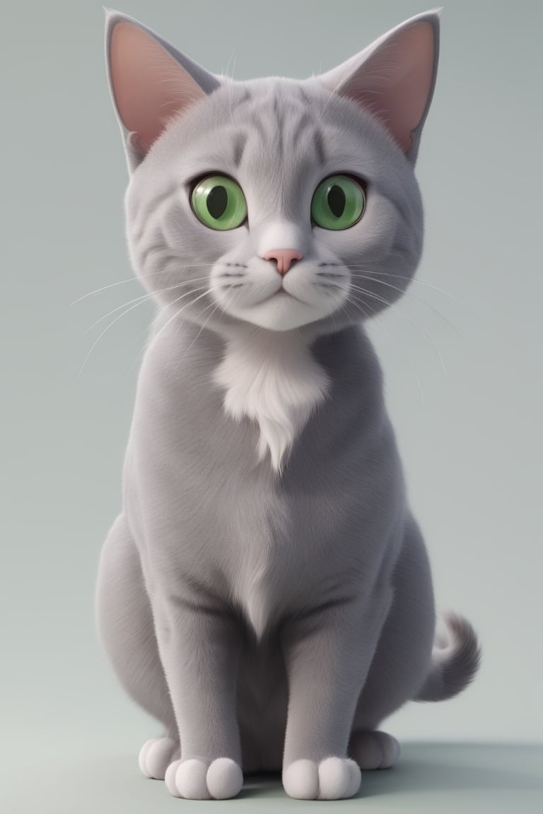 cat, happy, big ears, loving eyes, green eyes,3d style, grey cat