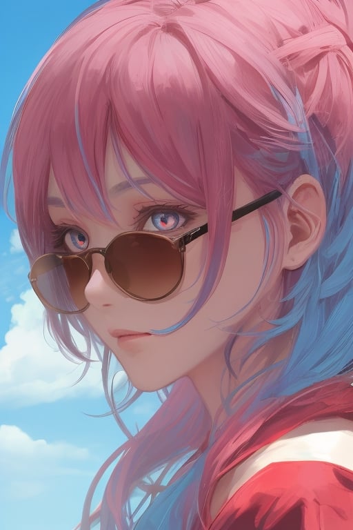 girl, blue and pink hair, shades, blue eye and red eye heterocromy, beautiful sky, red fades