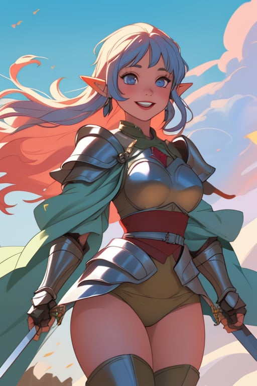 girl, armor, armored, big thighs, big_thighs, thicc thighs, medieval, sword, happy face, beautiful face, make up, piercings, elf ears, beautiful cenario, lights, daggers, beautiful sky, wind