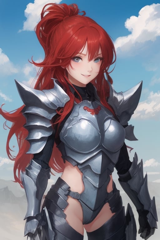 sexy, girl, long hair, beautiful sky, beautiful face, happy, red hair, armored