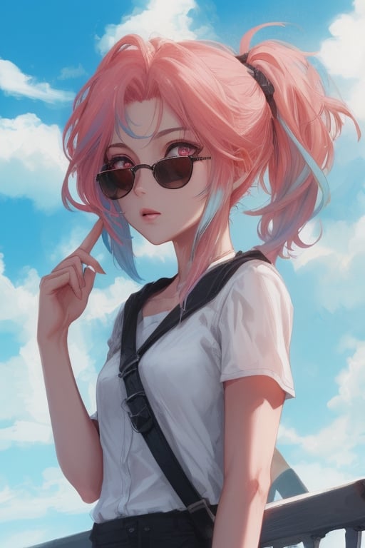 girl, blue and pink hair, shades, blue eye and red eye heterocromy, beautiful sky, red fades