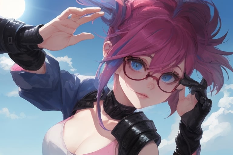 girl, blue and pink hair, shades, blue eye and red eye, armoured, beautiful sky, beautiful sun