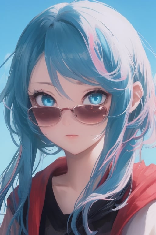 girl, blue and pink hair, shades, blue eye and red eye heterocromy, beautiful sky, red fades