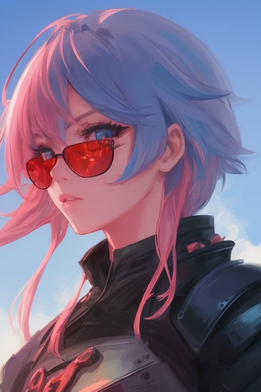 girl, blue and pink hair, shades, blue eye and red eye, armoured, beautiful sky, beautiful sun, heterocromy, red fades