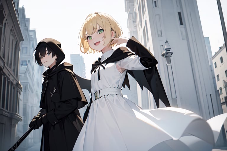 1girl(blonde short hair,  green eyes,  white plain dress,  white wings,  laughing),1boy, (black hood,  black cloak,  black hair,  black eyes,  white skin,  expressionless, holding scythe), street, dating,