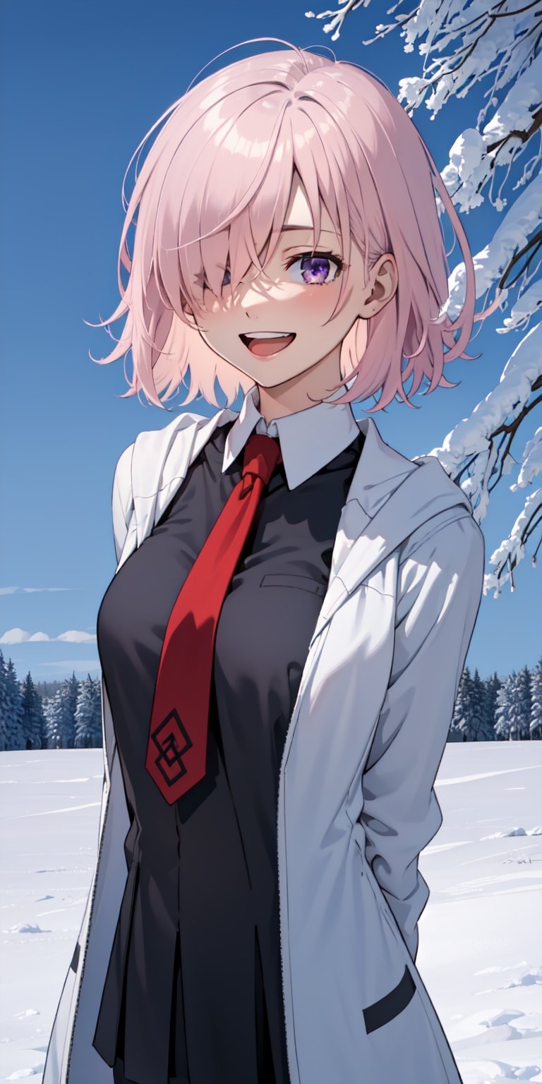 female_solo, laughing,arm behind back, Mash Kyrielight,white coat,black shirt,red tie,upper body,snow_scene_background