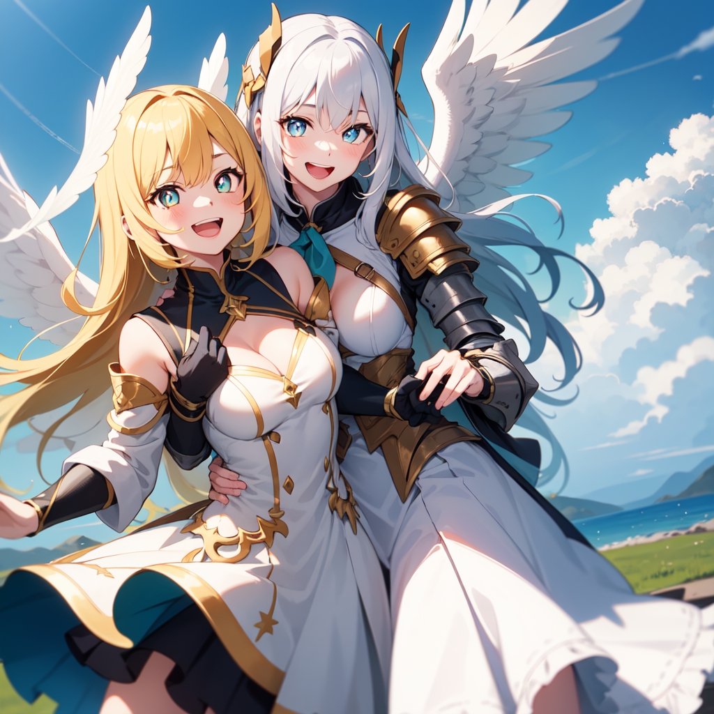 1girl, yellow fur, white dress, green neckwear, white wings, assertive female, laughing, blue sky, shoulder armor, blue pupils, circle skirt