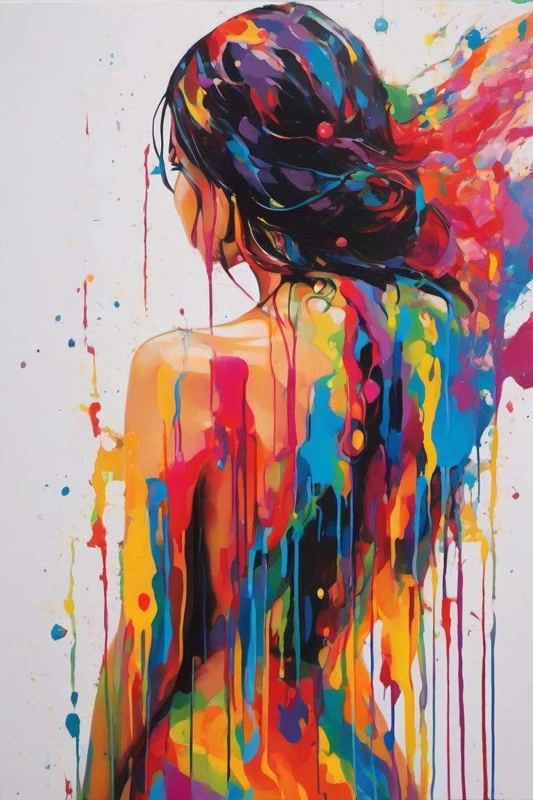 seen from behind, naked woman elegantly climbing out of a pool of mixed colours, dripping paint, abstract