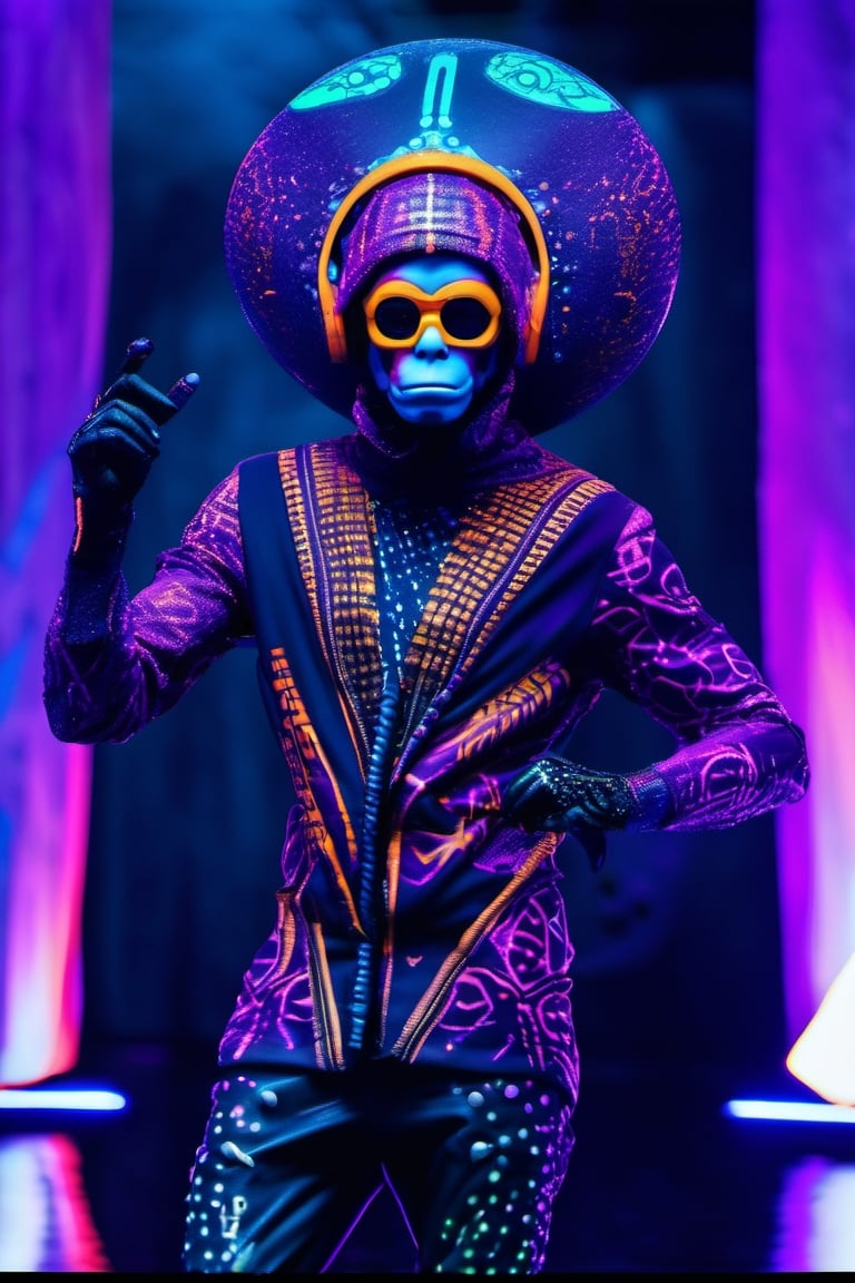 with blacklight makeup, monkey wearing futuristic clothing on a catwalk, spectators losing their minds  full scale image, wide scale lens, supreme quality, cinematic, atmospheric, intricate detail, depth in field