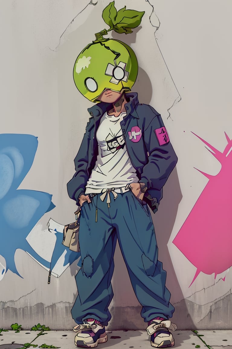 a cool street hustler wearing baggy pants, sneakers, baggy shirt, leaning against a wall (with grafitti) looking down at the viewer, seen from below, suika, ucat