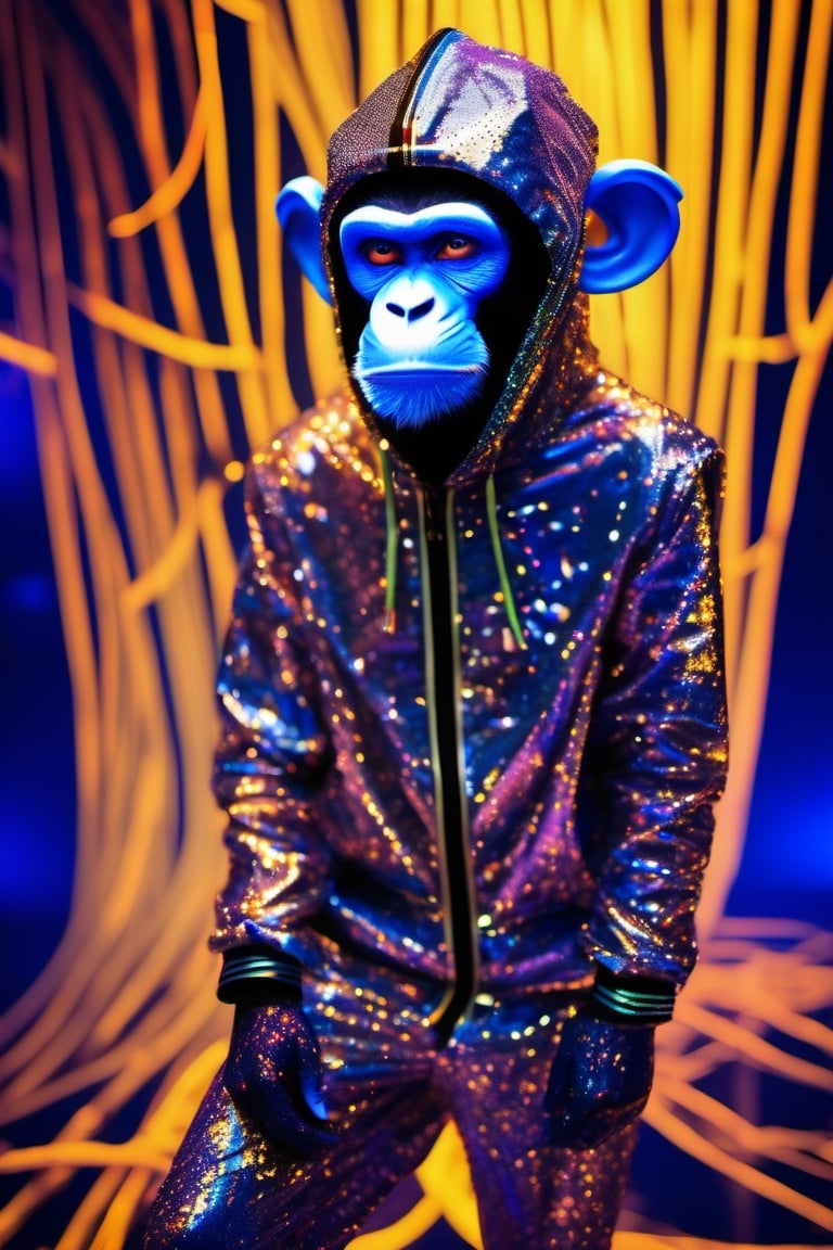 with blacklight makeup, monkey wearing futuristic clothing on a catwalk, spectators losing their minds  full scale image, wide scale lens, supreme quality, cinematic, atmospheric, intricate detail, depth in field