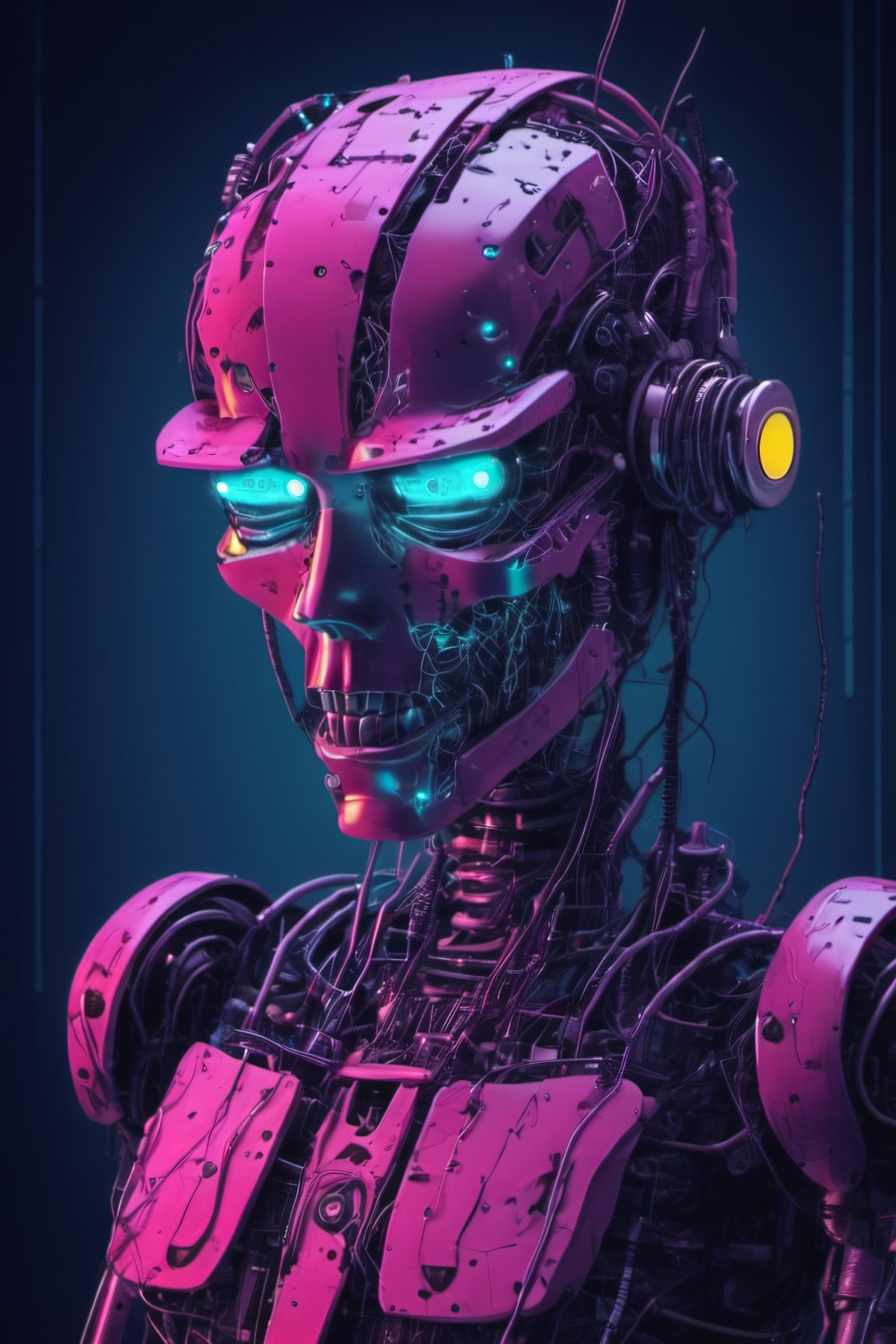 cyborg style,neon photography style, a broken down oldschool robot in a very high-tech invorement