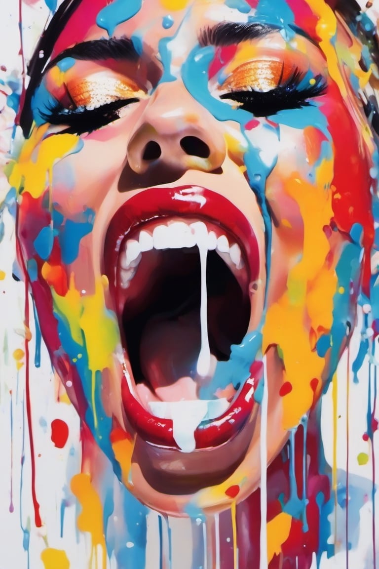 close-up of a woman screaming violantly straight at the camera, white background, dripping paint, abstract