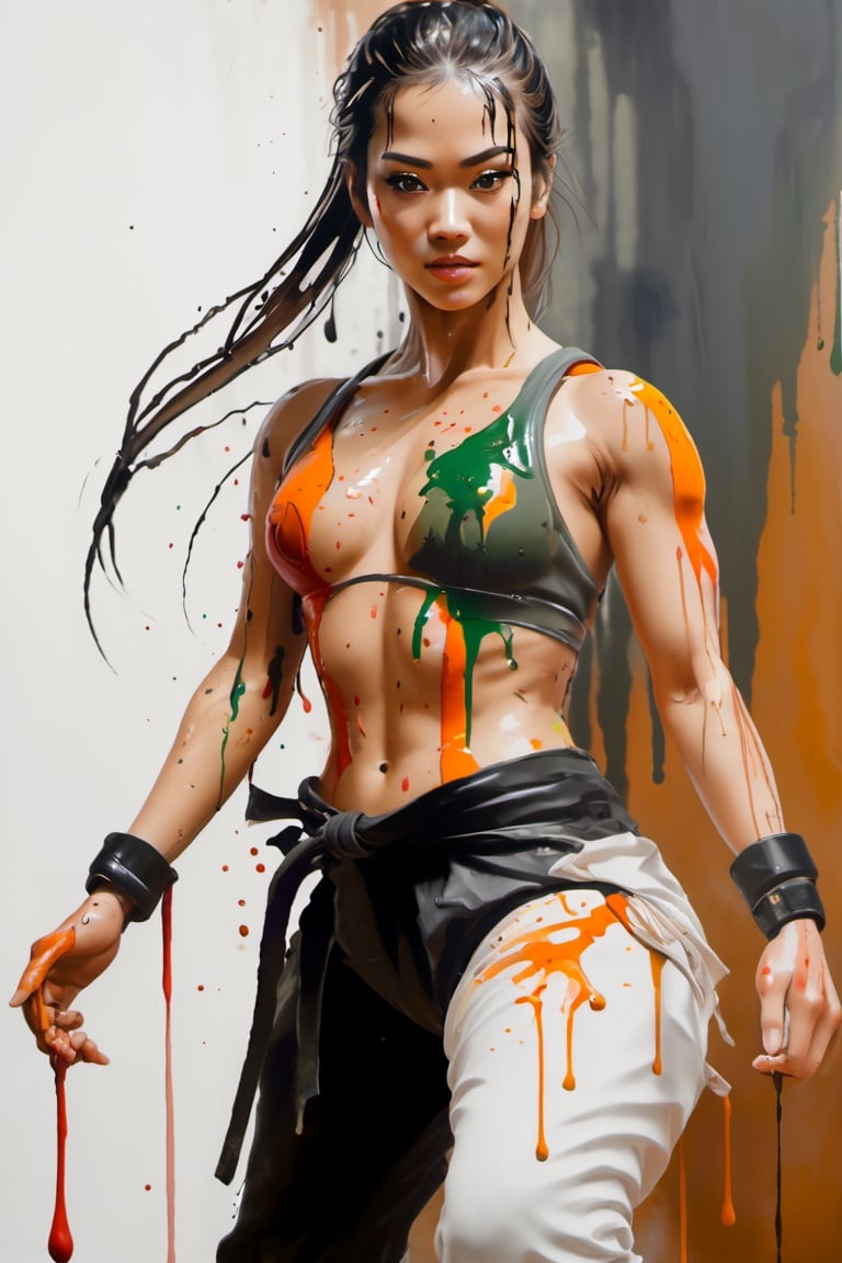 a beautiful woman in a martial arts pose,dripping paint