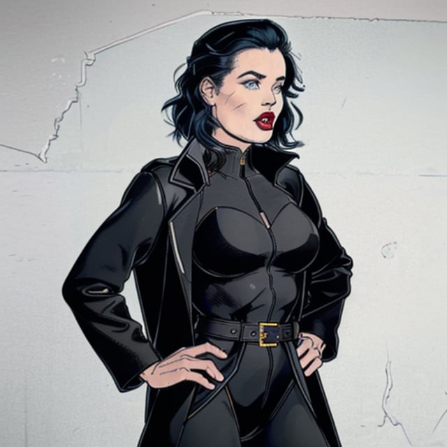 full body view of a young woman in her early 30s. She has a very slim, athletic figure with large breasts. black short bob with strict geometry. steel-blue eyes and a large wide mouth with ((full red lips)). She is wearing a ((black one-piece pantsuit)) and a ((black leather coat)), ((((no background))))