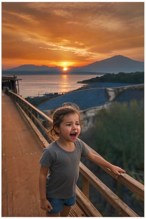 ultra realistic, highly detailed, 8k, hyper realistic, masterpiece, intricate details, full body view, A pretty young girl stands on a bridge at sunset, both hands on her cheeks, very astonished face, shouting, photorealistic representation