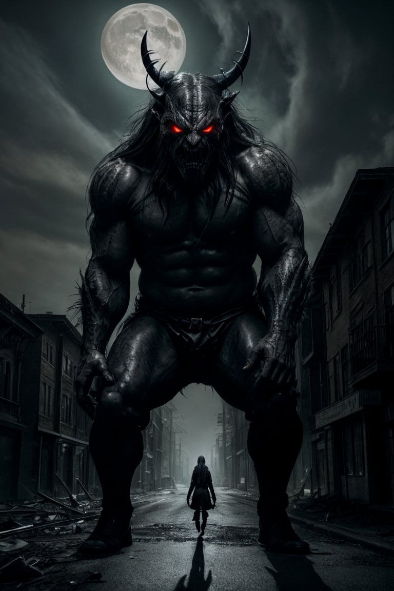 Moonlit streets of a hushed town shroud the monstrous silhouette as it emerges from darkness. A sweeping low-angle shot frames the colossal creature, with crumbling buildings and debris scattered across the foregound. The air is thick with tension as the camera captures the eerie glow of its single eye, offset by the unsettling gaping maw and rows of sharp teeth dripping with malevolent intent. Wrinkles akin to aged leathery skin patch the villain's face, while dimly glowing tattoos adorn its visage. Wild, unruly hair stirs beneath the moonlight as the behemoth takes a menacing step forward, casting long shadows across the deserted streets.