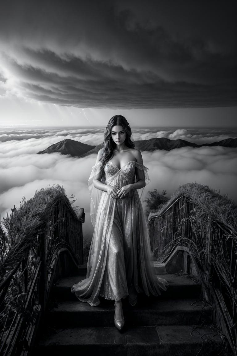 In a dreamlike atmosphere, a winding stairway ascends into the clouds, adorned with glittering stars and wispy tendrils of smoke. A mystical woman, bathed in soft, ethereal light, stands at the base, gazing longingly up the stairs. Her eyes sparkle like diamonds as she clutches a small, ornate key. The air is thick with misty fog, and delicate, swirling patterns dance across the surrounding clouds. In the distance, a faint, shimmering cityscape glimmers, beckoning her upward.