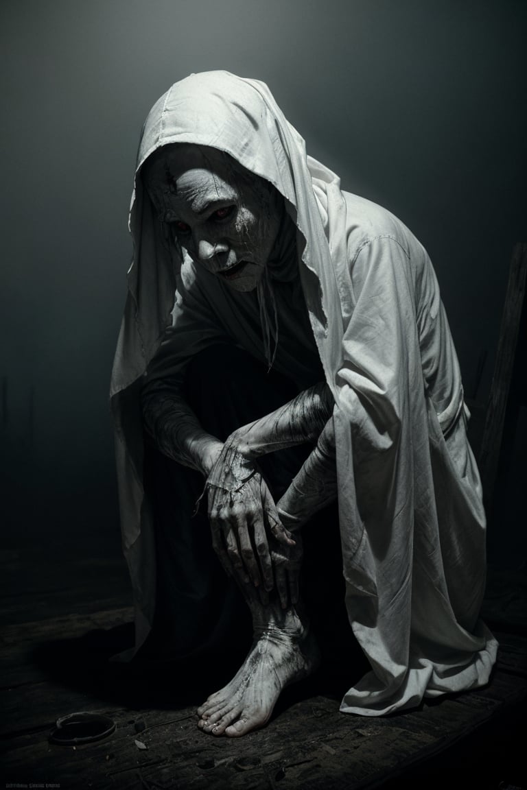 A hauntingly beautiful illustration of a grotesque Pocong, masterfully rendered in photorealistic detail by MSchiffer. The ghostly figure is wrapped in a tattered death shroud, its hollow eyes seeming to bore into the soul. A masterpiece of composition and lighting, the image captures the eerie moment when the Pocong's bony feet hit the ground with an unsettling hop, as if frozen in time. Sharp shadows and ultra-high resolution details bring this dark tale to life, reminiscent of Aaron Horkey and Jeremy Mann's stunning artwork.