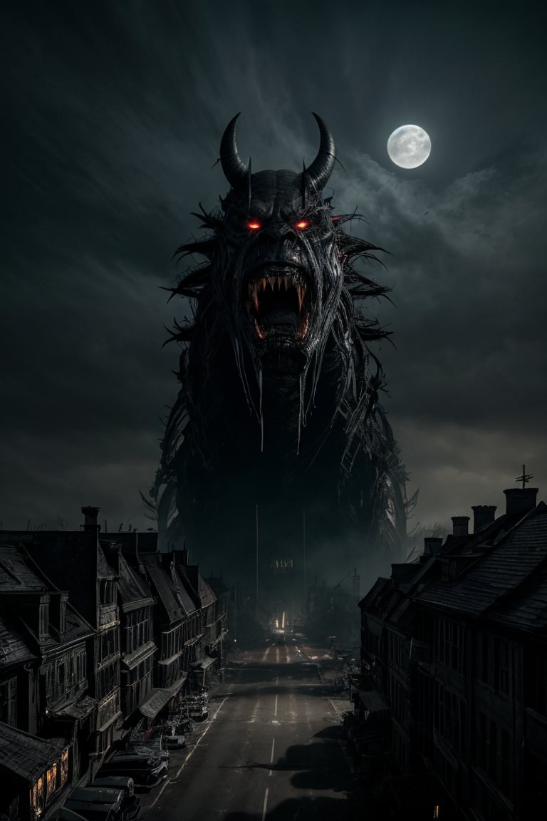 Moonlit streets of a hushed town shroud the monstrous silhouette as it emerges from darkness. The camera captures a sprawling octane rendering of chaos: buildings crumble, debris scatters, and the air is thick with tension. The colossal single eye glows with an eerie luminosity, offset by the unsettling gaping maw, rows of sharp teeth dripping with malevolent intent. Wrinkles akin to aged leathery skin patch the villain's face, while lofty tattoos glow dimly. Wild, unruly hair stirs beneath the moonlight as the behemoth takes a menacing step forward.