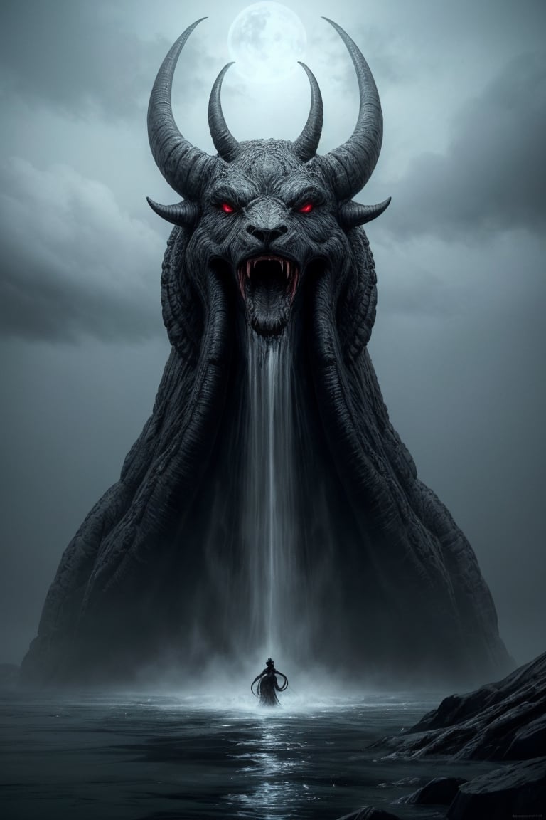 in the style of Michael Whelan and hp Lovecraft, a mythical beast Aqrabuamelu lurking for it's pray, they had just awoken the beast while in hibernation almost and this beast immediately responded by plunging out of the water and eeks obscured by swirling mist, nightmare dream , create a scary backdrop for the kingdom. The air is heavy with an otherworldly stillness, broken only by the ng death and sorrow, scary tension ,end of hopes ,silence, terrifying look, extremely detailed, by Yoji Shinkawa, Aaron Horkey, by Roger Dean, artwork by Beksinski