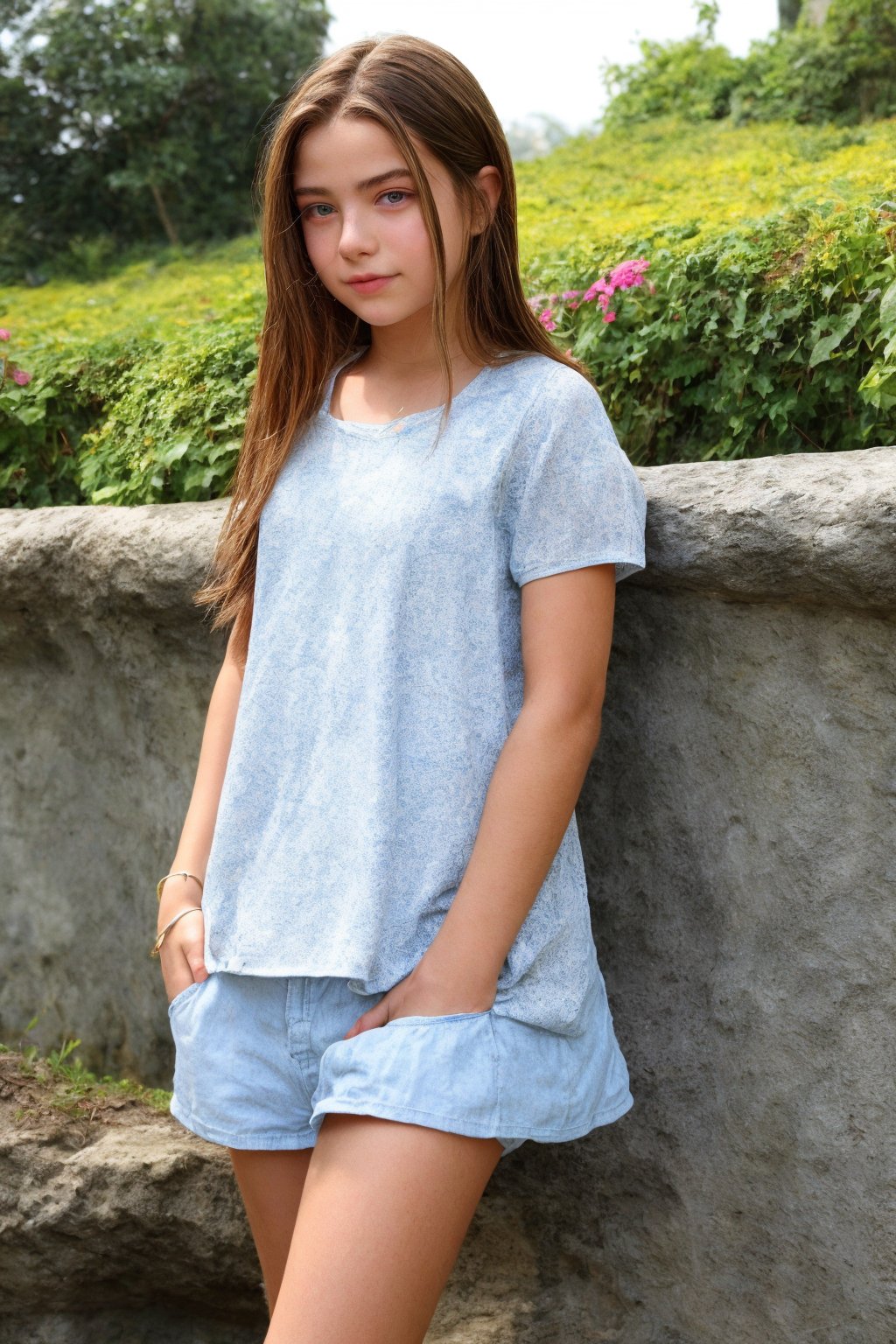 A youthful female tween girl figure, approximately 18 years old, In leichten Textil gehüllt, summer casual wear, daily slutty wear, enthüllt die zaghaft aufkeimende Weiblichkeit, während die sanften Rundungen behutsam betont werden. By David Dubnitskiy