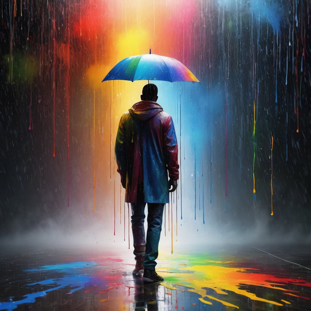 a man silouhette in colorful rain, dripping paint,abstract, (((masterpiece))), best quality,ultra-detailed, 8k, wallpaper, extremely delicate and beautiful, highresolution, ray tracing, best shadow, (realistic, photorealistic:1.37),professional lighting, photon mapping, radiosity, physically-based rendering