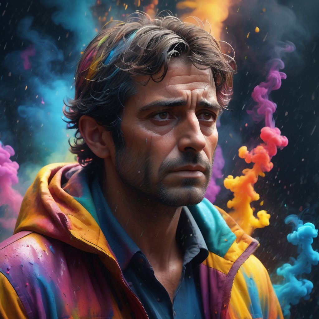 a worried man ((dark silouhette)) in colorful rain, dense colorful smokes,abstract, (((masterpiece))), best quality,ultra-detailed, 8k, wallpaper, extremely delicate and beautiful, highresolution, ray tracing, best shadow, (realistic, photorealistic:1.37),professional lighting, photon mapping, radiosity, physically-based rendering