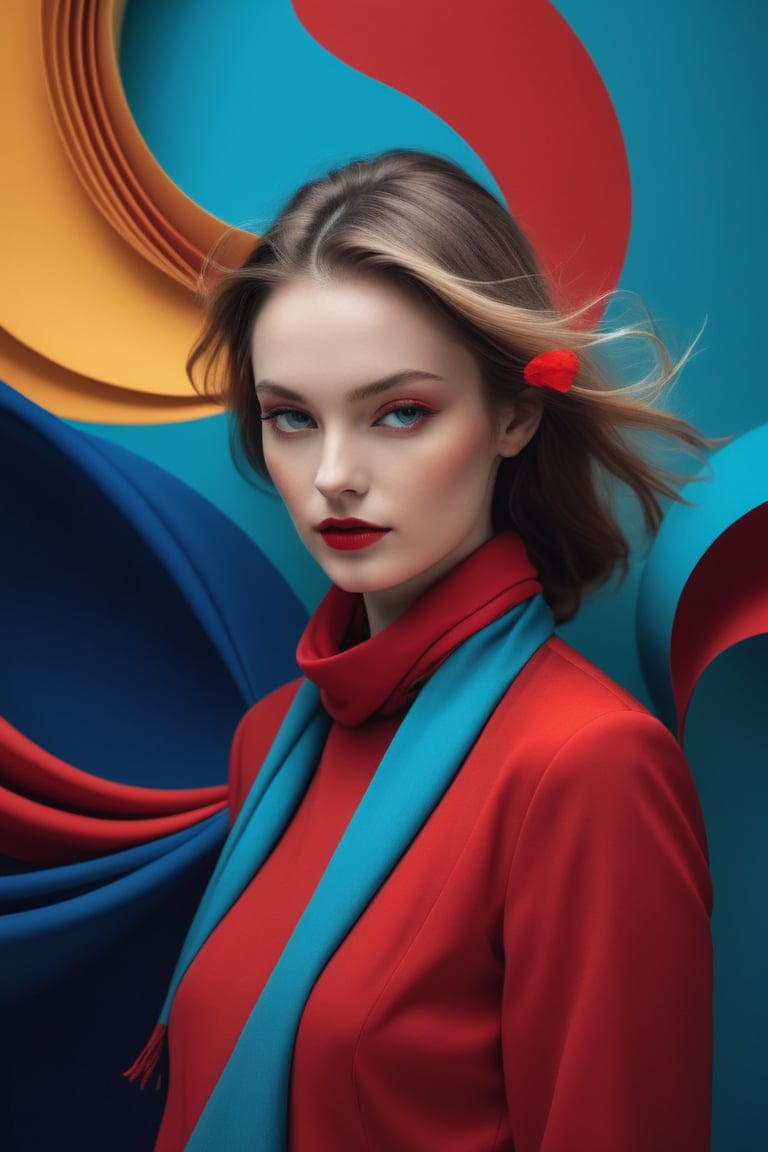 A stunning conceptual photographic portrait, capturing the harmony of colors in an abstract and artistic way. The warm red color is elegantly combined with cobalt blue and turquoise blue, creating a relaxing and welcoming atmosphere. The subject, probably a woman, is wearing a red suit and a cyan scarf around her neck. The background features a conceptual representation of abstract movement, with hints of yellow and red, evoking a feeling of nature and serenity, portrait photography, fashion and conceptual art.