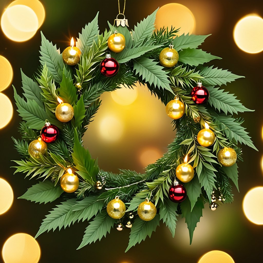 Marijuana Christmas wreath, twinkling lights entwined through buds, gleaming candles casting a warm glow over the glossy leaves and reflective baubles, holiday cheer encapsulated in the arrangement, soft-focus background with bokeh effect from distant Christmas lights, ultra-fine, digital painting, golden ratio composition.
,aw0k euphoric style,Christmas 1girl