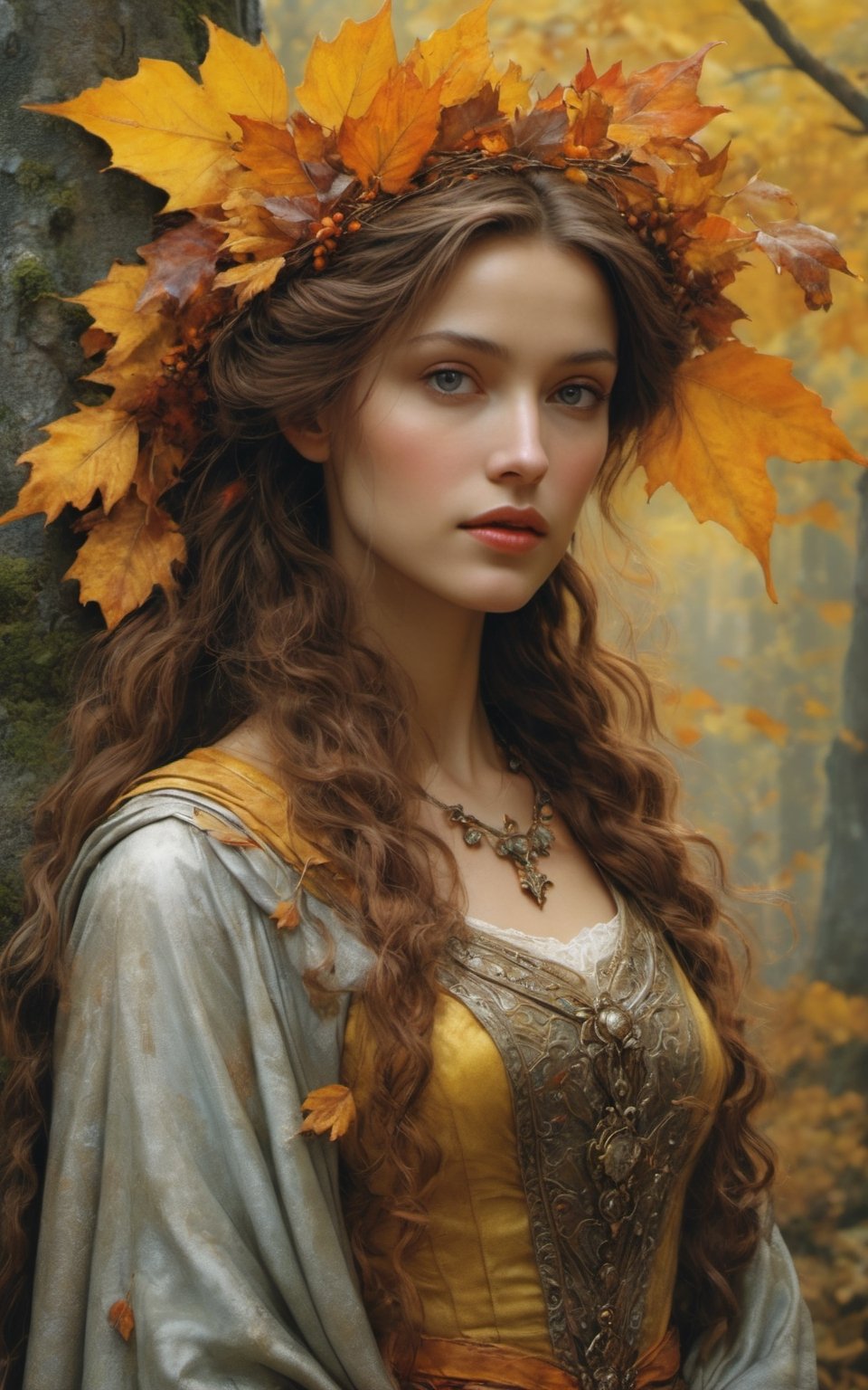 The autumn bride. A beautiful woman dressed in the colors of autumn, yellow, brown and rust-colored leaves. A Epic art Illustration by Jean-Baptiste Monge and Alan Lee paint style, created a award-winning painting with incredible details. Superior and unique Fantasy Art paint illustrations, stunning fantasy scene features, center the scene, crisp quality, sharp focus, old clotes, forest, medieval, old metal, rust, fine art, beautiful, awesome fantasy,  intricate, sharp focus, fairytale illustration, highly detailed, digital art, concept art, epic movie 8k, epic pose, posters. Unreal engine 5 rendering 4k., black and white still, digital Art, perfect composition, beautiful detailed intricate insanely detailed octane render trending on artstation, 8 k artistic photography, photorealistic concept art, soft natural volumetric cinematic perfect light, chiaroscuro, award - winning photograph, masterpiece, oil on canvas, raphael, caravaggio, greg rutkowski, beeple, beksinski, giger