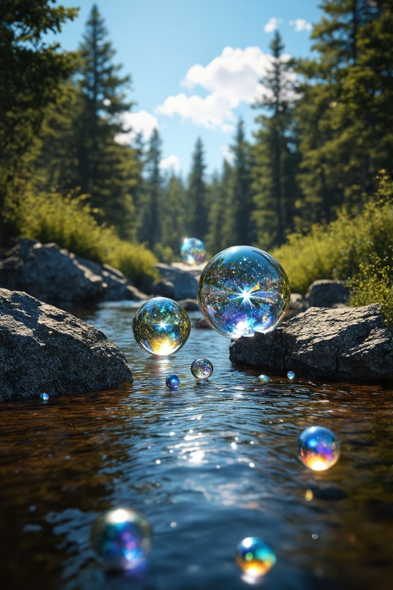 spherical crystals floating in the air, shine brightly and transparently,Crystal balls come in a variety of sizes, from small marbles to large orbs. Soft, magical light refracts through the crystal, creating a rainbow prism. The crystals slowly rotate and float in a weightless dance. Small country creek background. Some crystals catch golden sunlight. depth of field effect. Highly detailed textures, 8K resolution. Magical atmosphere, dreamlike quality. Masterpiece, top quality, Epic sky