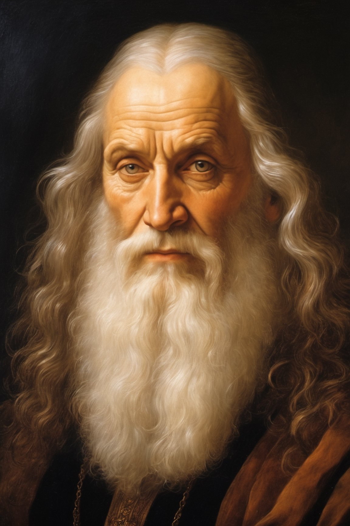 portrait ofLeonardo da Vinci with long white beard,​ mature man, brutal, pale skin, evil glance, brunette, 16th century, old master oil painting, perfect composition, filigree, sharp colors, hyperrealism, detail, dynamic light, cinematic light, unfocused background, daniel Ridgeway knight, Konstantin Razumov, Jean Baptiste Monge