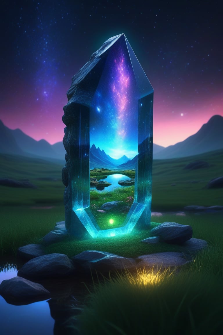 8k,ultra realistic,megalithic void crystal glowing with the universe inside,enchatning scenery,otherworldly,magic portal,mystical and magical,glowing,illuminating,pond,reflectiun,grassy hill,henge,fantasy,DonMV01dfm4g1c3XL 